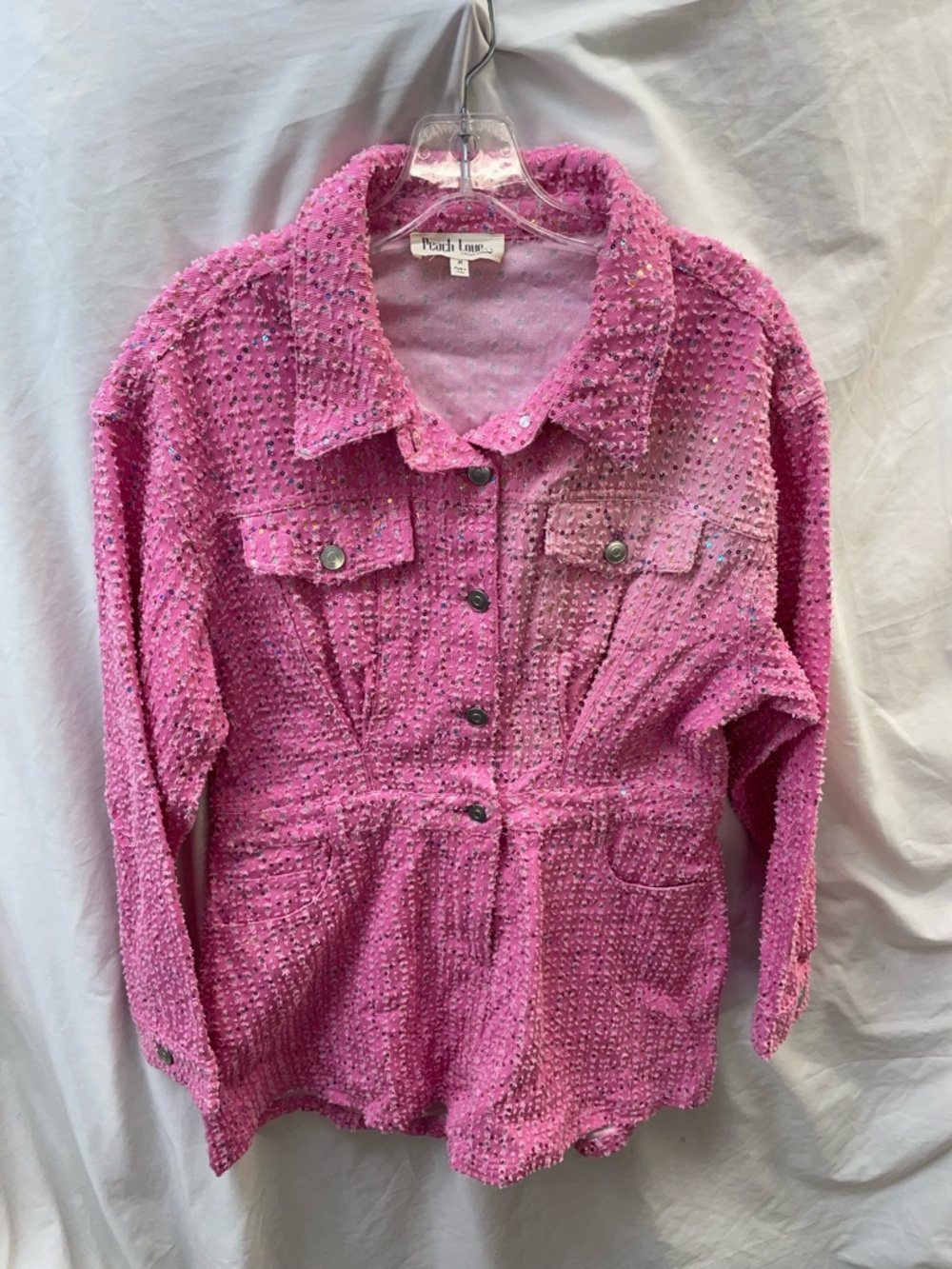 Vintage Peach Love California Pink Textured sequined Button-Front jumpsuit sz M